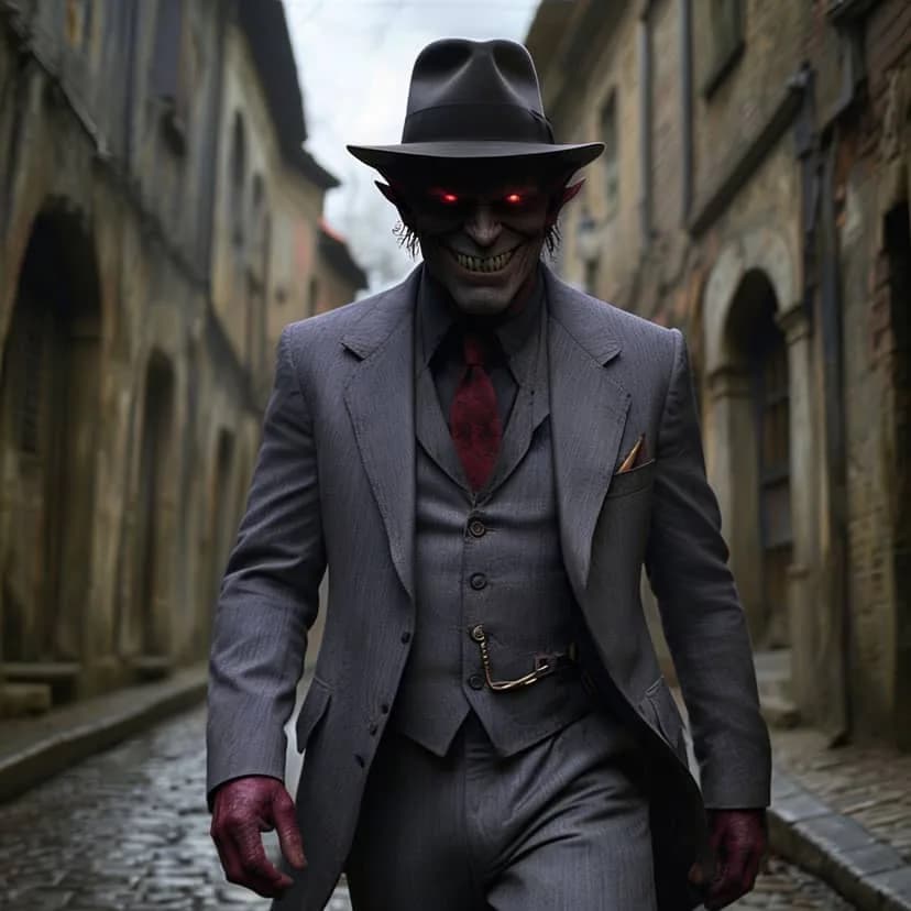 Half-Demon Man on Cobblestone Street
