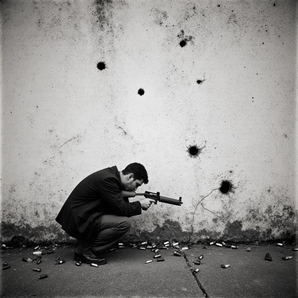 Man Ducking Beside a Wall