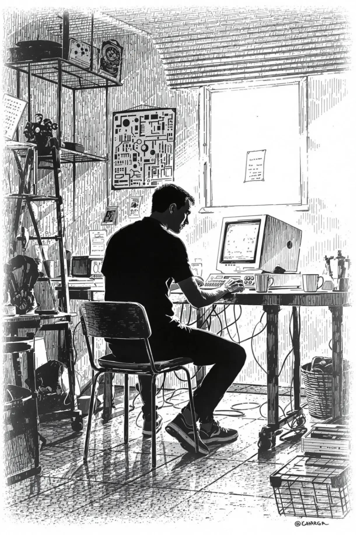 Hacker in Minimalist Garage