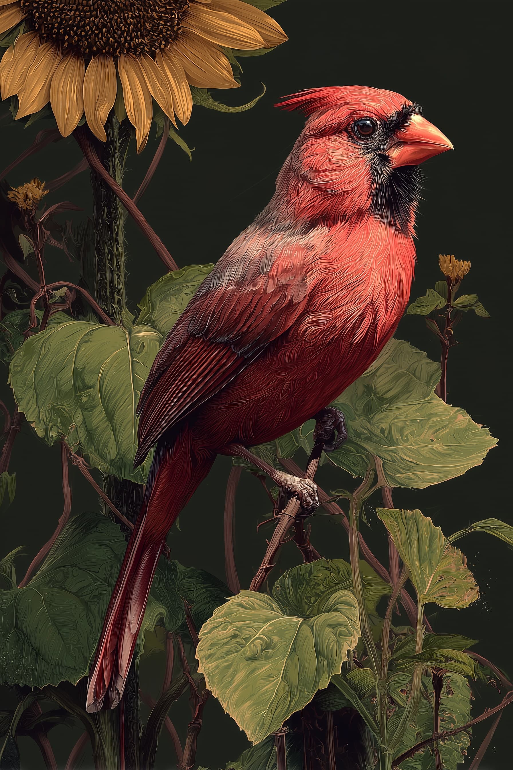 Cardinal on Sunflower Vine