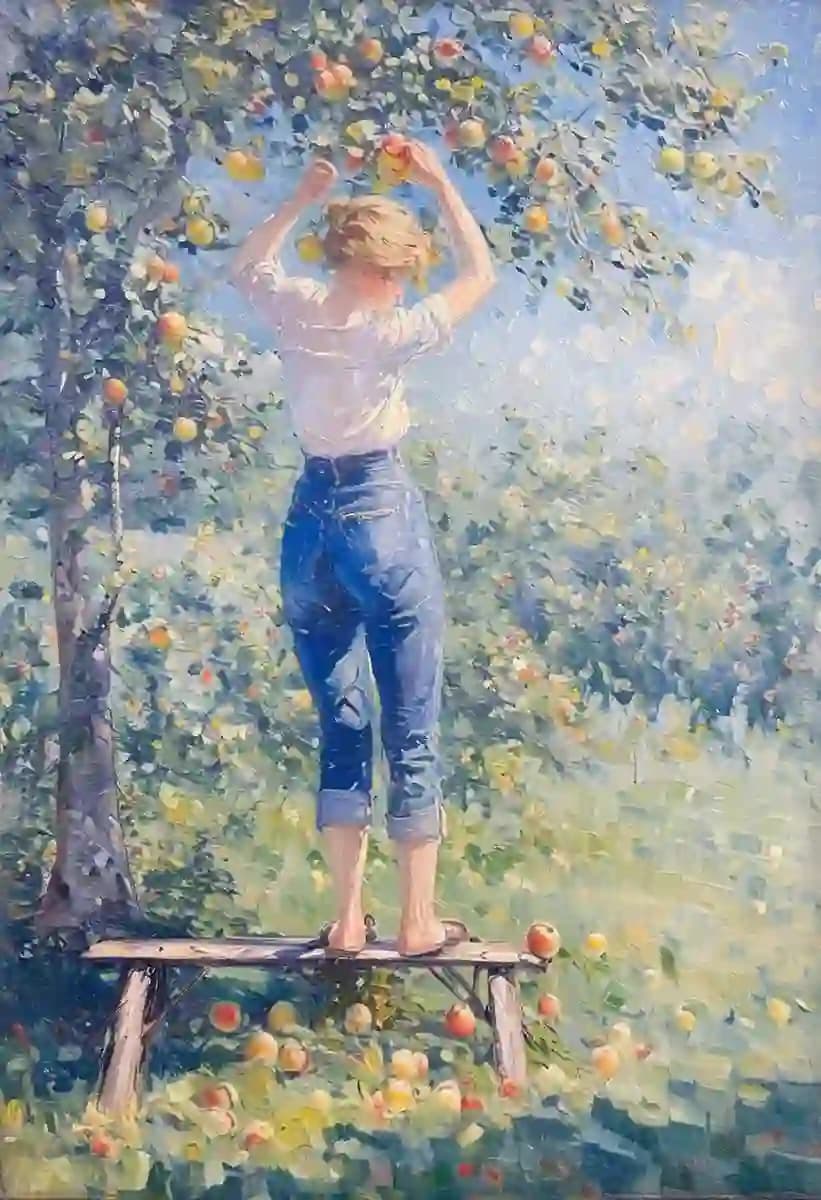 Impressionist Apple Picking Scene