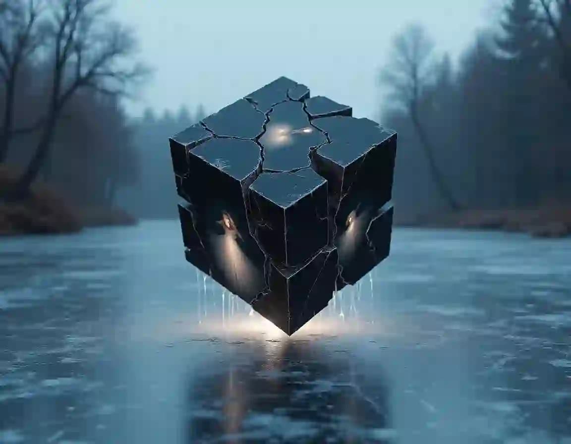 Fractured Black Cube Above Ice