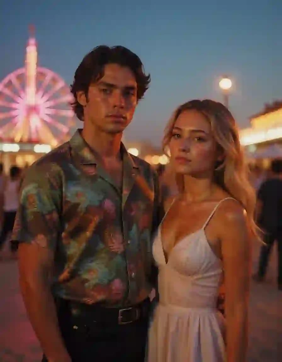 Modern Couple Portrait with Ferris Wheel and Neon Lights