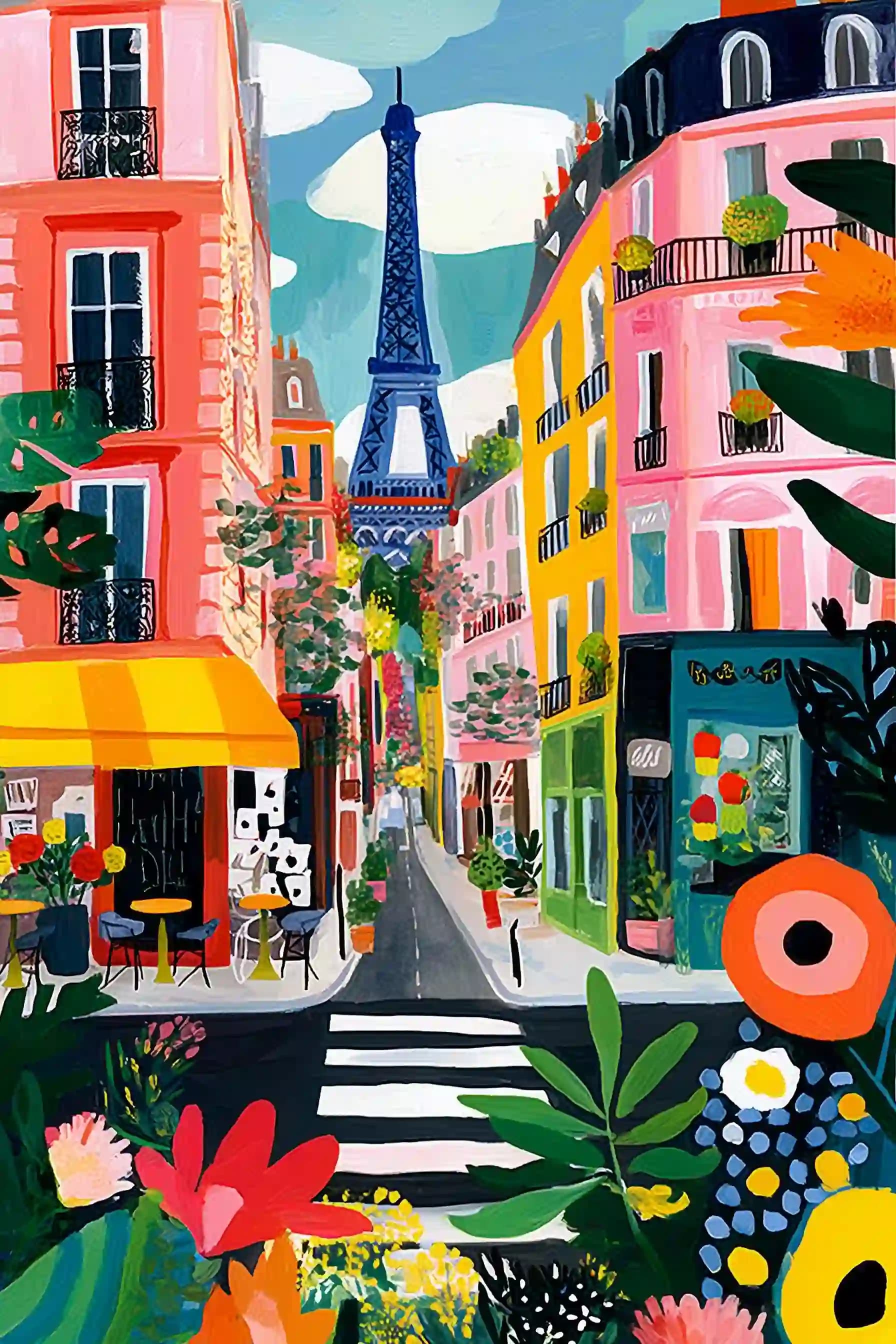 Parisian Street Scene with Eiffel Tower