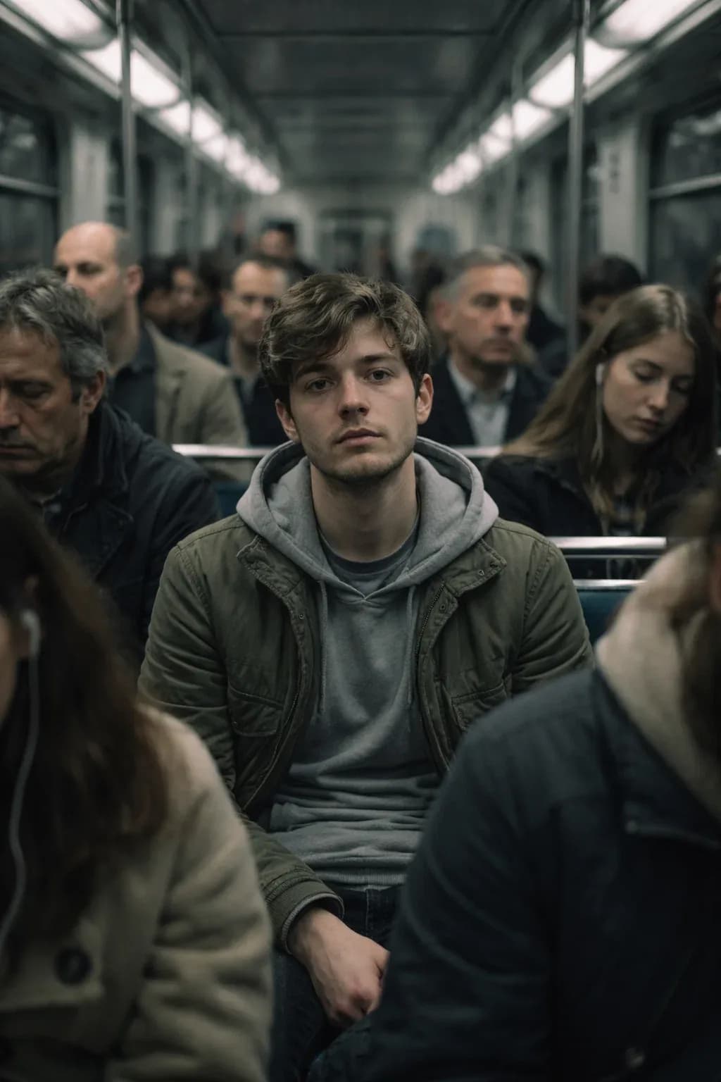 Cinematic tired commuters scene