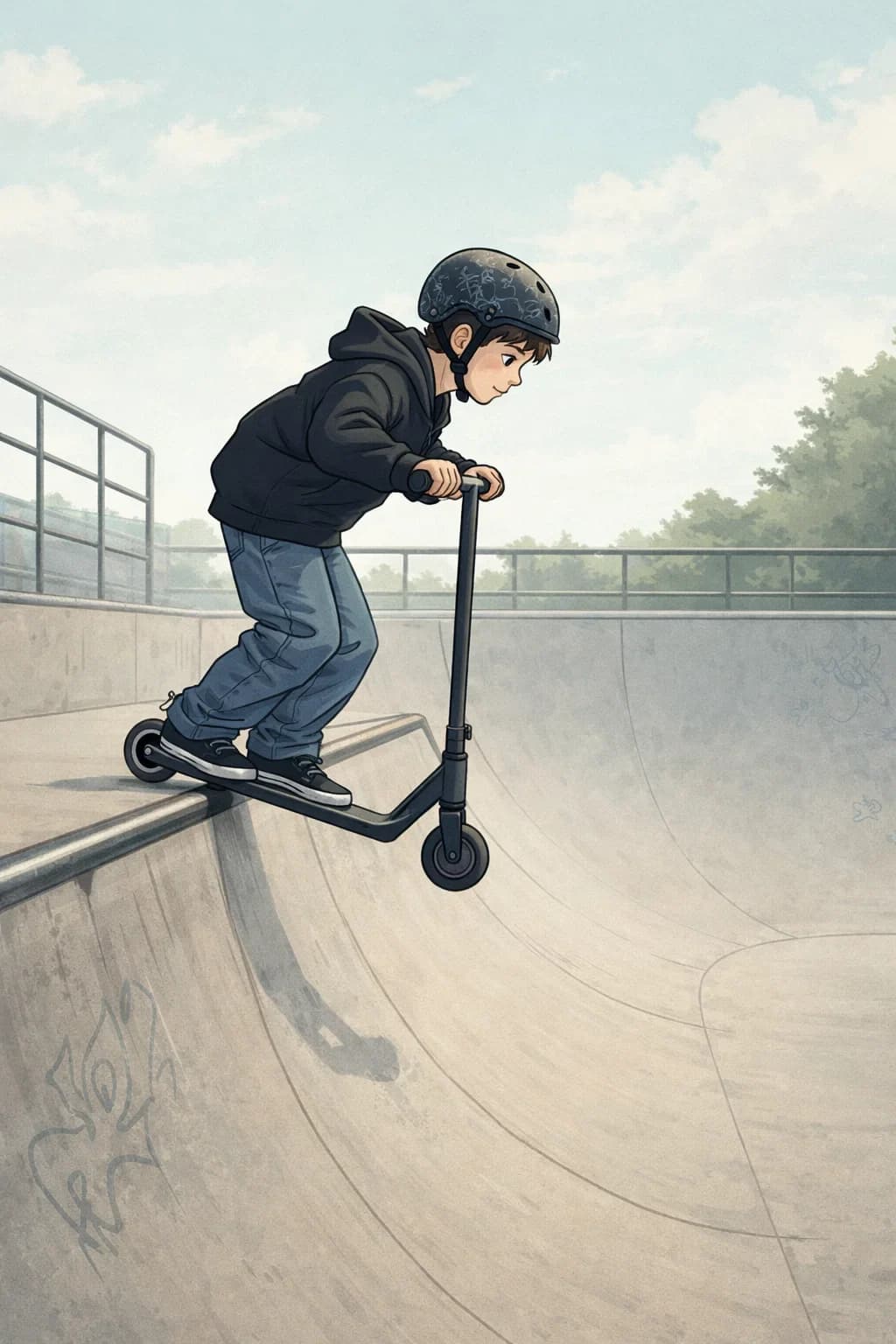 Boy Riding Scooter Down Ramp