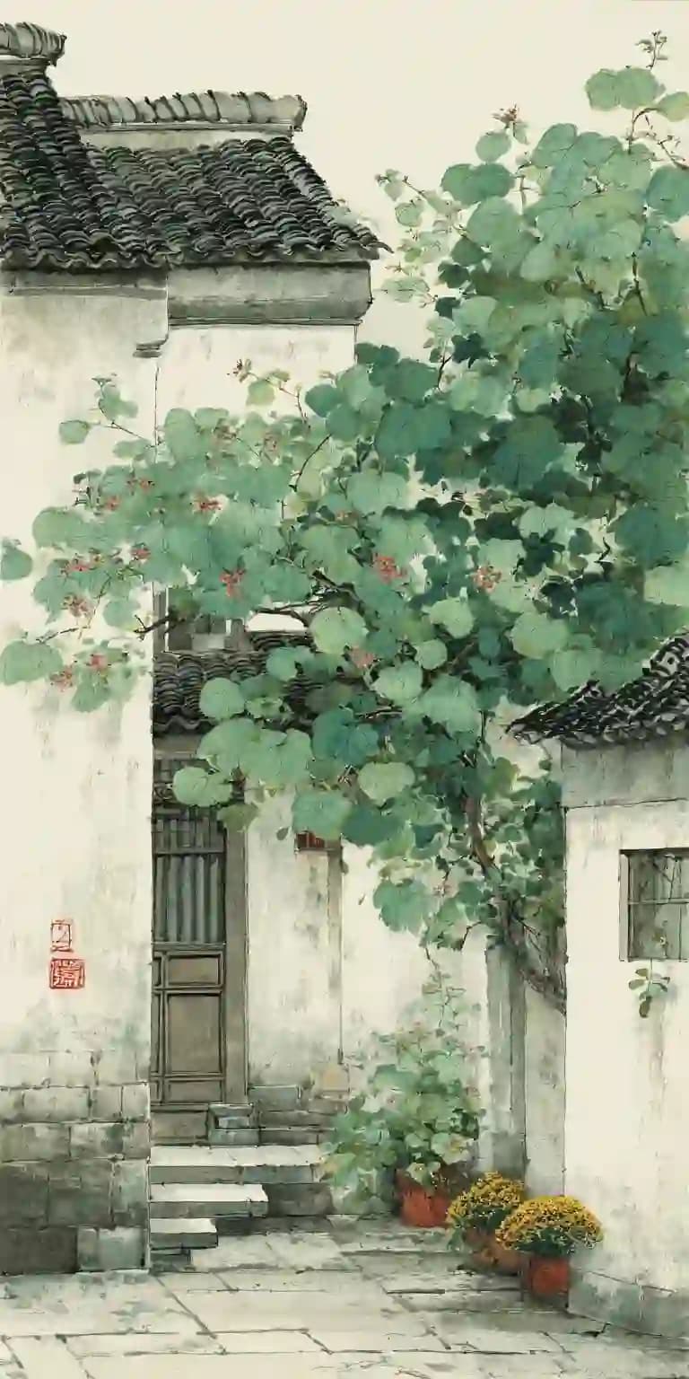 Ancient Chinese Courtyard Watercolor Painting