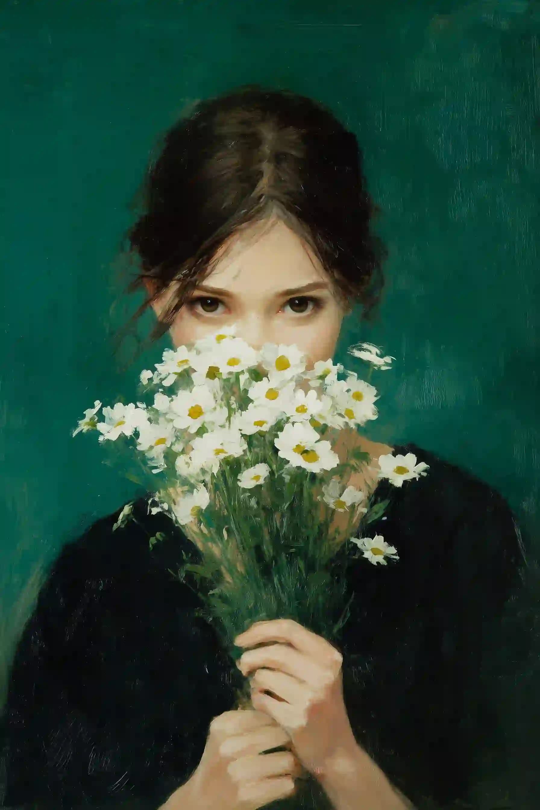 Oil Painting of Woman with Daisies