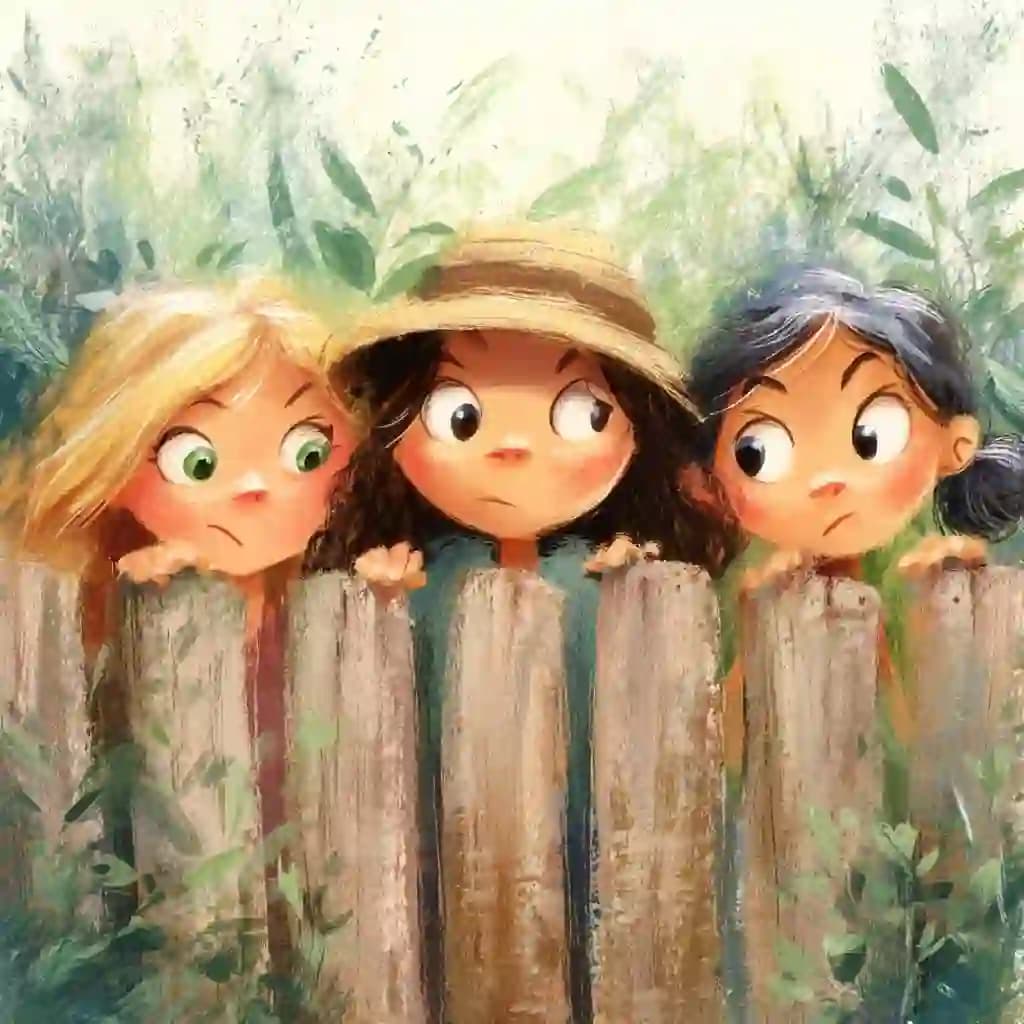 Three Girls Peeking Fence Illustration