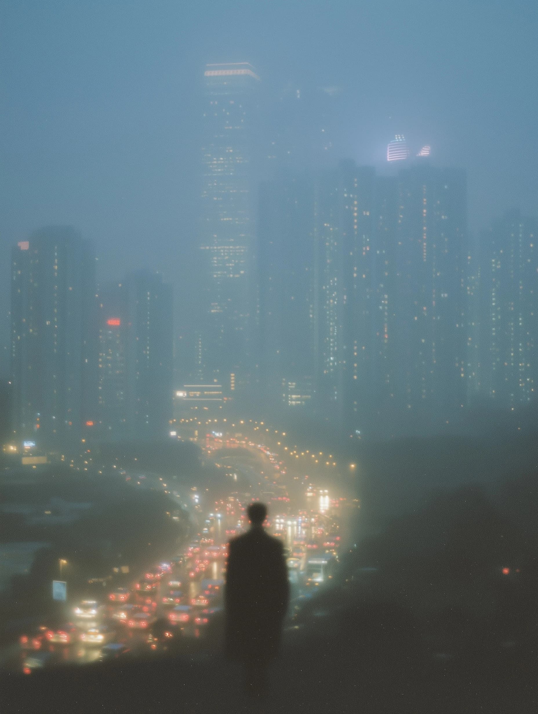Foggy Cityscape at Night