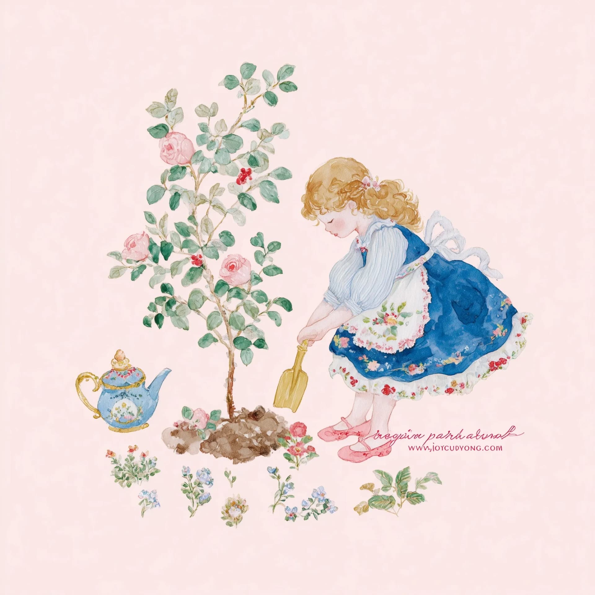 Cute Girly Character Planting Tree