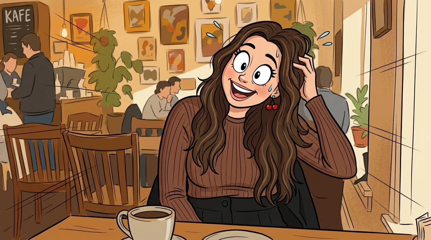 Exaggerated Cartoon Character in Café