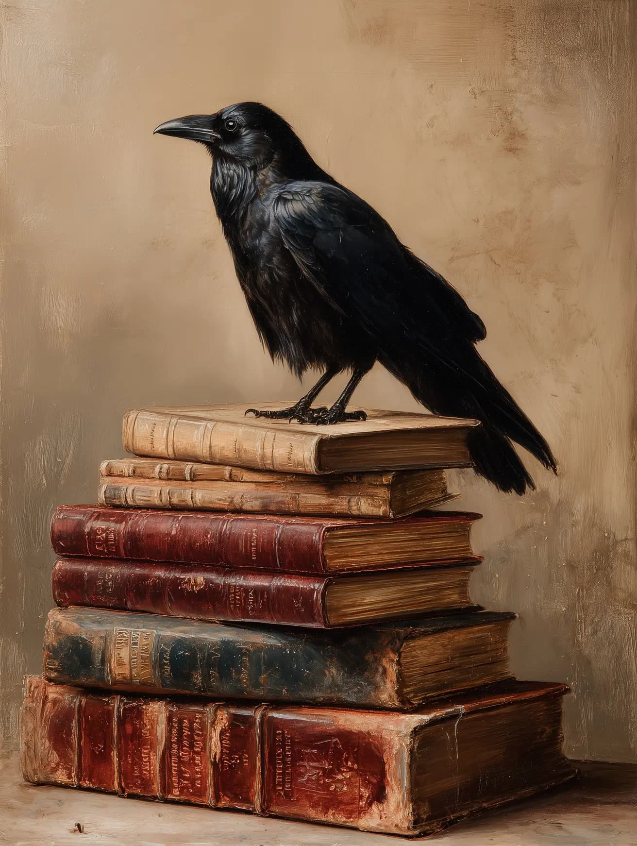Moody Raven Beside Antique Books