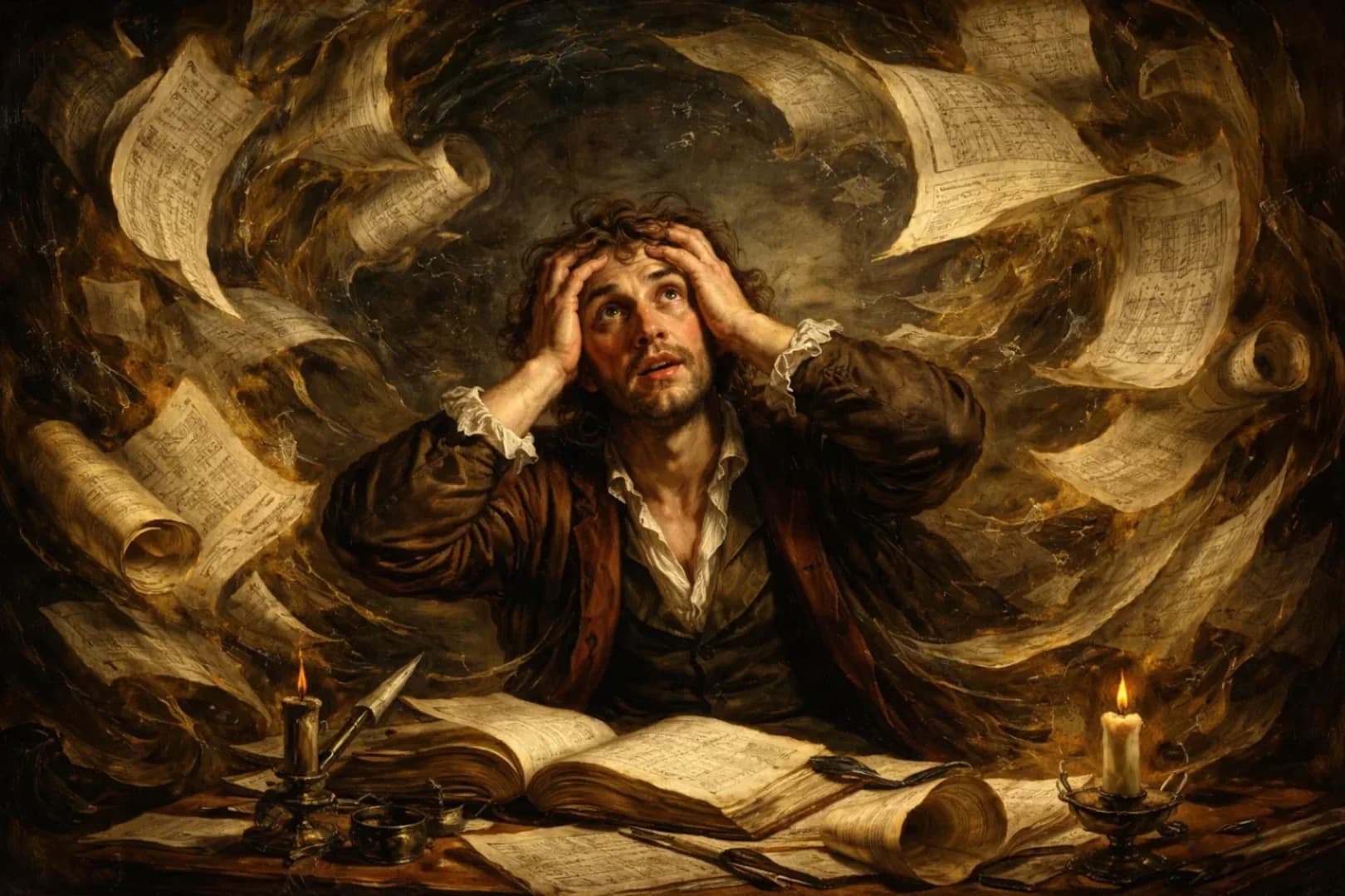 Anxious Scholar Amid Floating Scrolls