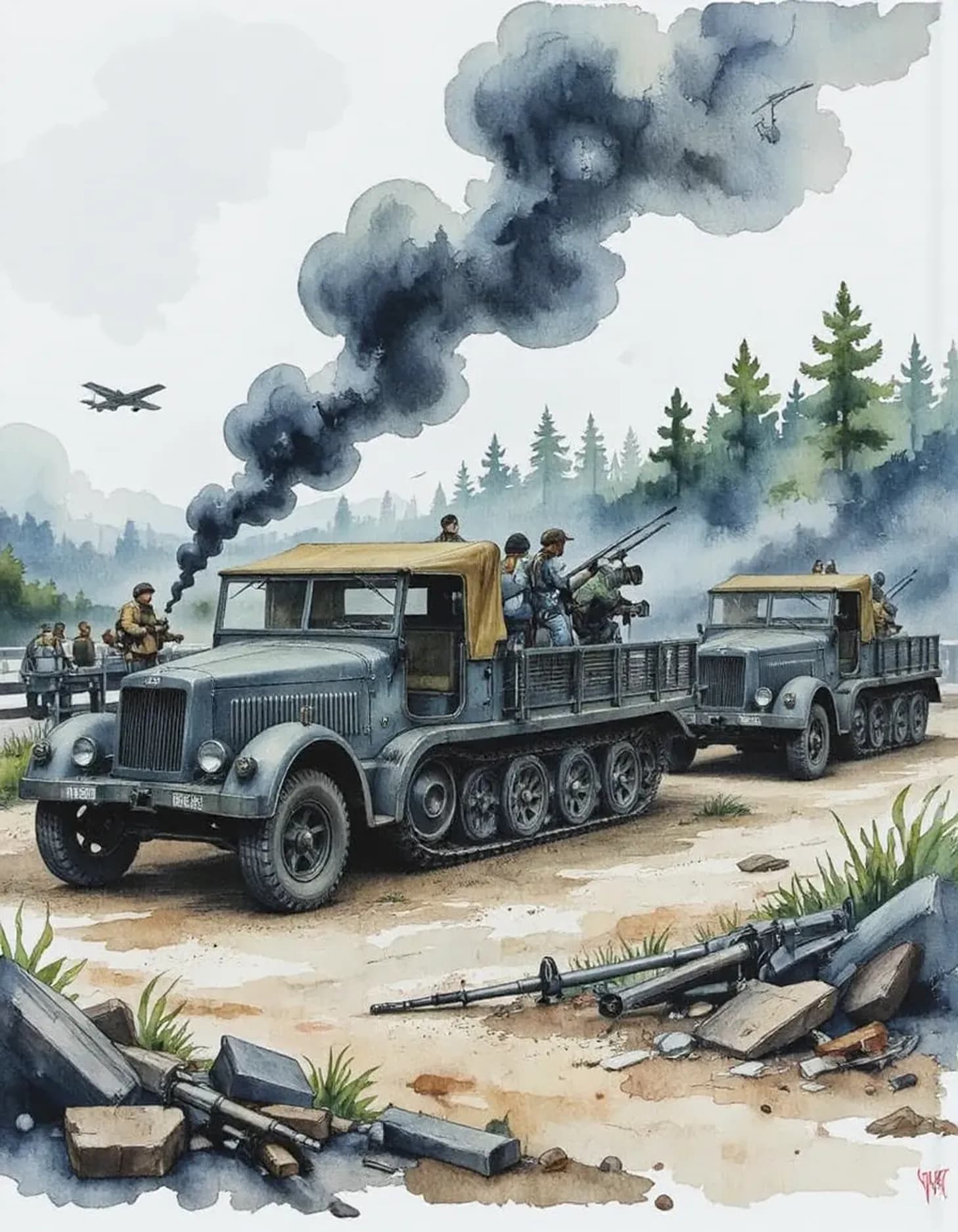 Watercolor WWII Battlefield Illustration
